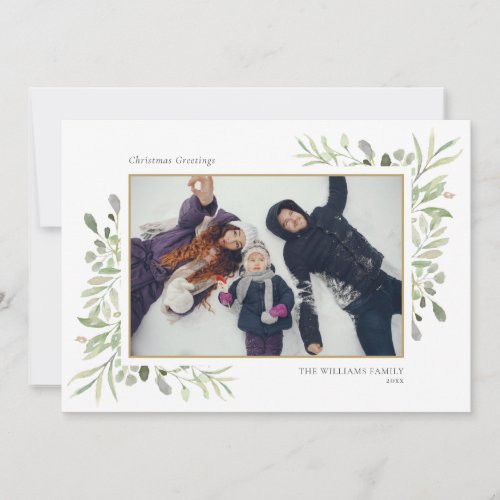 Christmas Elegant Watercolor Greenery Floral Photo Holiday Card