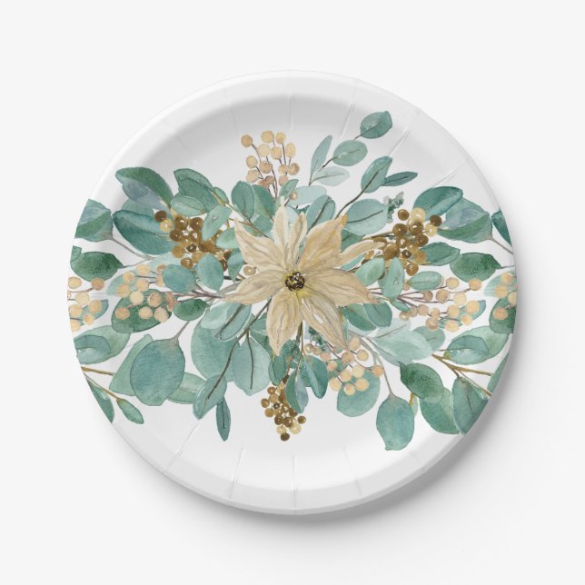Christmas Elegant White Poinsettia Eucalyptus Paper Plates (Front)