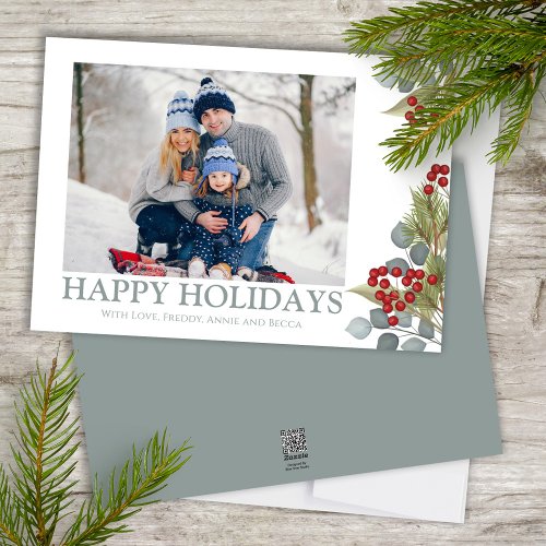 Christmas Elegant Winter Holly Berries 1 Photo Holiday Card