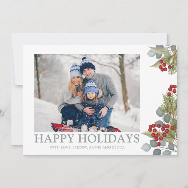 Christmas Elegant Winter Holly Berries 2 Photo Holiday Card (Front)