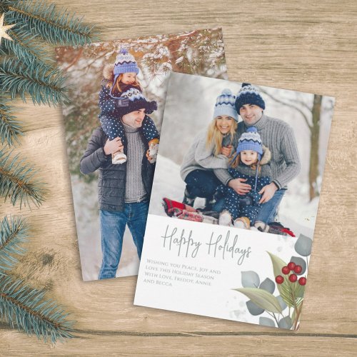 Christmas Elegant Winter Holly Berries 2 Photo Holiday Card