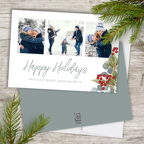 Christmas Elegant Winter Holly Berries 3 Photo Holiday Card