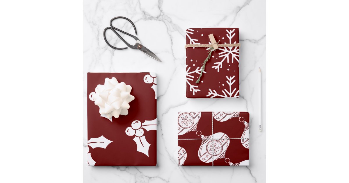 Christmas Elements on Burgundy Wrapping Paper