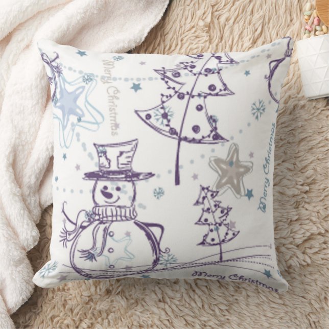Christmas Elements Snowman Sketch Throw Pillow (Blanket)