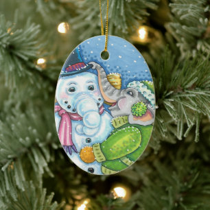CHRISTMAS ELEPHANT BUILDING CUTE PACHYDERM SNOWMAN CERAMIC ORNAMENT