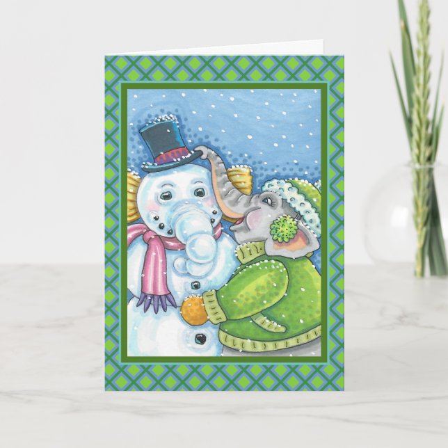 CHRISTMAS ELEPHANT BUILDING CUTE PACHYDERM SNOWMAN HOLIDAY CARD (Front)