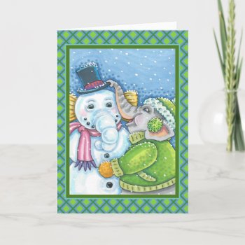 Christmas Elephant Building Cute Pachyderm Snowman Holiday Card by CARDSSTICKERSANDMORE at Zazzle