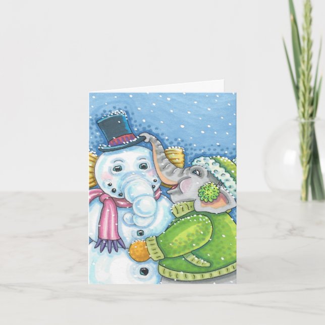 CHRISTMAS ELEPHANT BUILDING CUTE PACHYDERM SNOWMAN HOLIDAY CARD (Front)