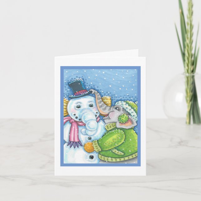 CHRISTMAS ELEPHANT BUILDING CUTE PACHYDERM SNOWMAN HOLIDAY CARD (Front)