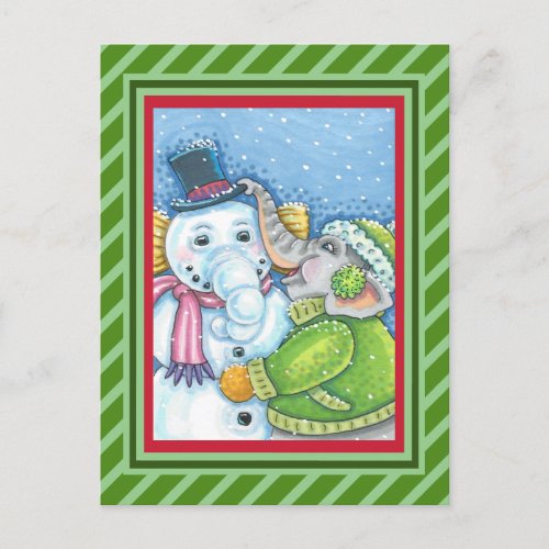 CHRISTMAS ELEPHANT BUILDING CUTE PACHYDERM SNOWMAN HOLIDAY POSTCARD