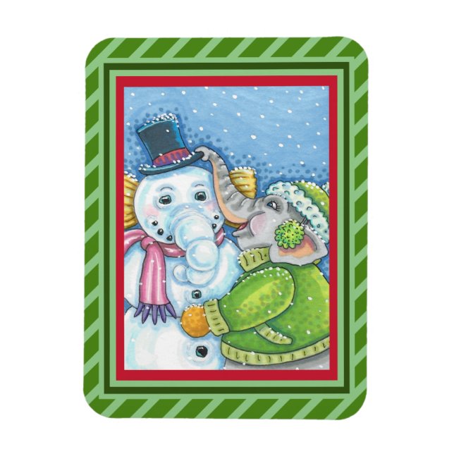 CHRISTMAS ELEPHANT BUILDING CUTE PACHYDERM SNOWMAN MAGNET (Vertical)