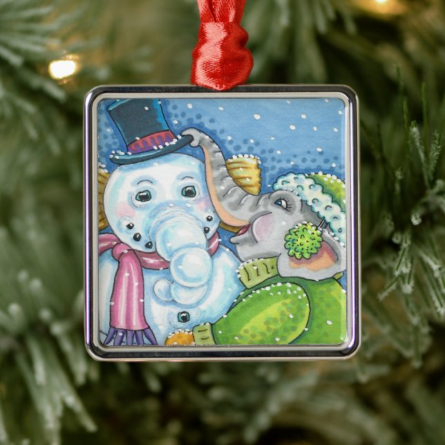 CHRISTMAS ELEPHANT BUILDING CUTE PACHYDERM SNOWMAN METAL ORNAMENT (Tree)