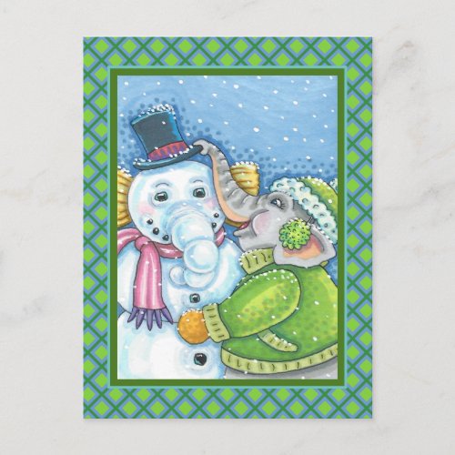 CHRISTMAS ELEPHANT BUILDING CUTE PACHYDERM SNOWMAN POSTCARD