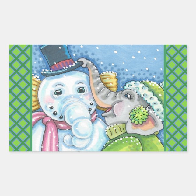 CHRISTMAS ELEPHANT BUILDING CUTE PACHYDERM SNOWMAN RECTANGULAR STICKER (Front)