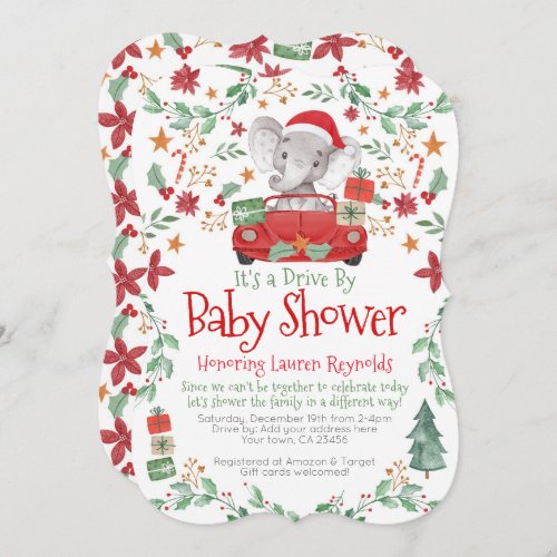 Christmas Elephant Drive By Baby Shower Invitation