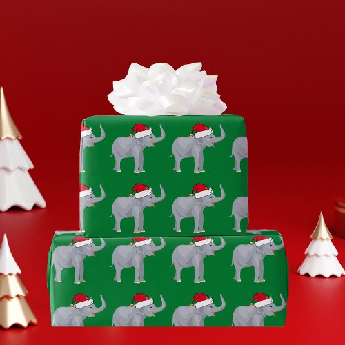 Christmas Elephant in Santa Hat Green Wrapping Paper