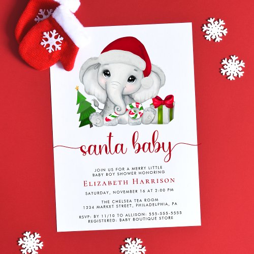 Christmas Elephant Santa Baby Boy Shower Invitation