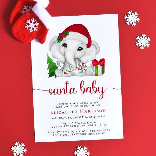 Christmas Elephant Santa Baby Girl Shower Invitation