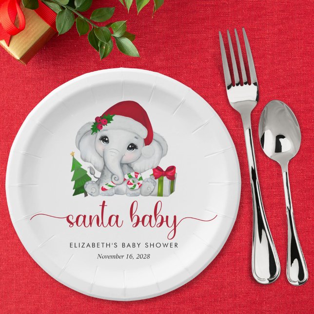 Christmas Elephant Santa Baby Girl Shower Paper Plates (Creator Uploaded)