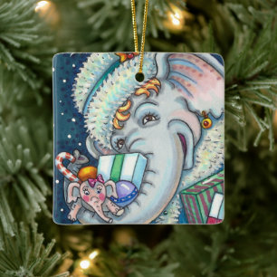 CHRISTMAS ELEPHANT, TRUNKFUL OF GIFTS & GOOD CHEER CERAMIC ORNAMENT