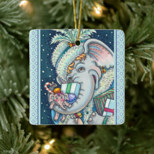 CHRISTMAS ELEPHANT, TRUNKFUL OF GIFTS & GOOD CHEER CERAMIC ORNAMENT