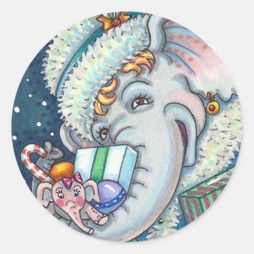 CHRISTMAS ELEPHANT TRUNKFUL OF GIFTS  GOOD CHEER CLASSIC ROUND STICKER