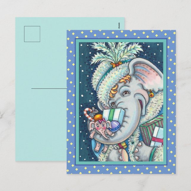 CHRISTMAS ELEPHANT, TRUNKFUL OF GIFTS & GOOD CHEER HOLIDAY POSTCARD (Front/Back)