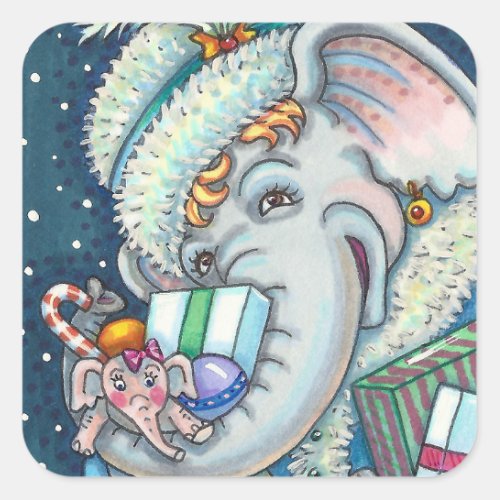 CHRISTMAS ELEPHANT TRUNKFUL OF GIFTS  GOOD CHEER SQUARE STICKER