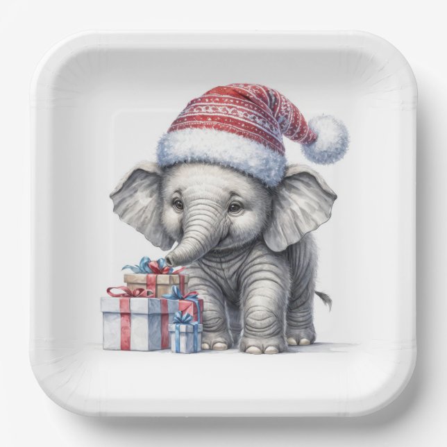 Christmas Elephant With Holiday Gifts Paper Plates (Front)