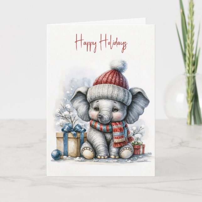 Christmas Elephant With Santa Hat Holiday Card (Front)