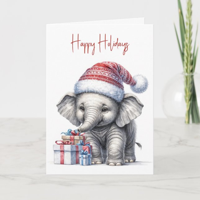 Christmas Elephant With Santa Hat Holiday Card (Front)
