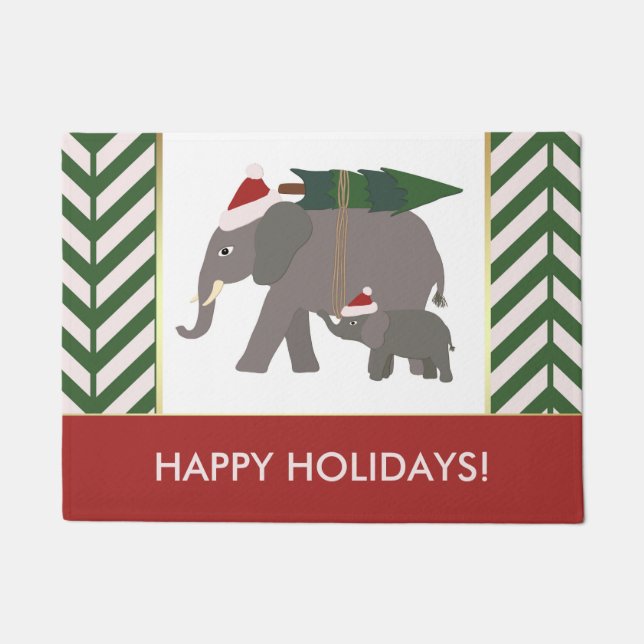 Christmas Elephants with Hats, Tree, and Chevron Doormat (Front)