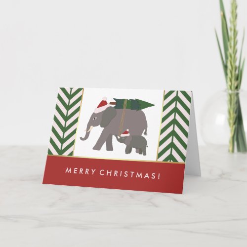 Christmas Elephants with Hats Tree and Chevron Holiday Card