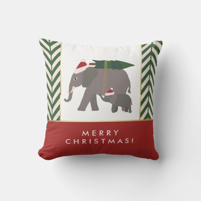 Christmas Elephants with Hats, Tree, and Chevron Throw Pillow (Front)