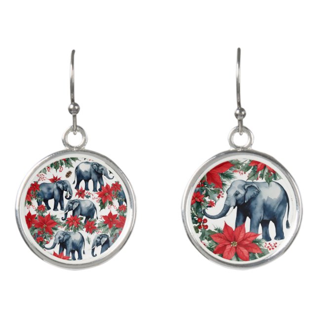 Christmas Elephants With Poinsettias Earrings (Front)