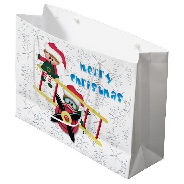 Christmas Elf Airplane large gift bag (Front Angled)
