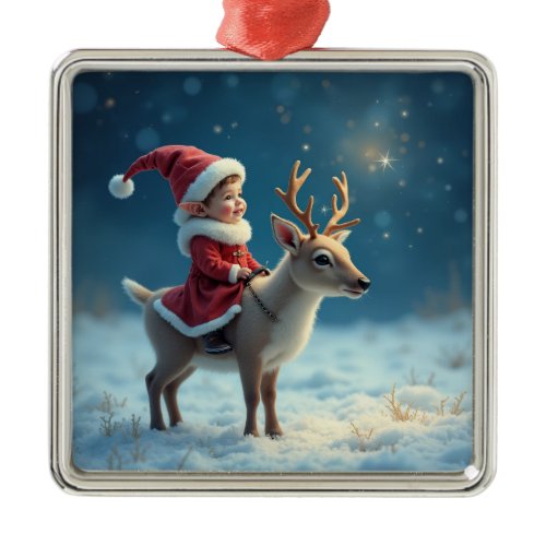 Christmas Elf and baby Reindeer Metal Ornament
