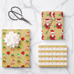 Christmas Elf and Bells on Golden White Stripes Wrapping Paper Sheets