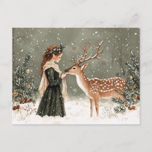 Christmas Elf and Deer Winter Postcard