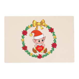 Christmas Elf and Pine Wreath on Light Beige Placemat