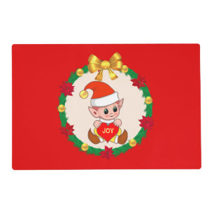 Christmas Elf and Pine Wreath on Red Placemat