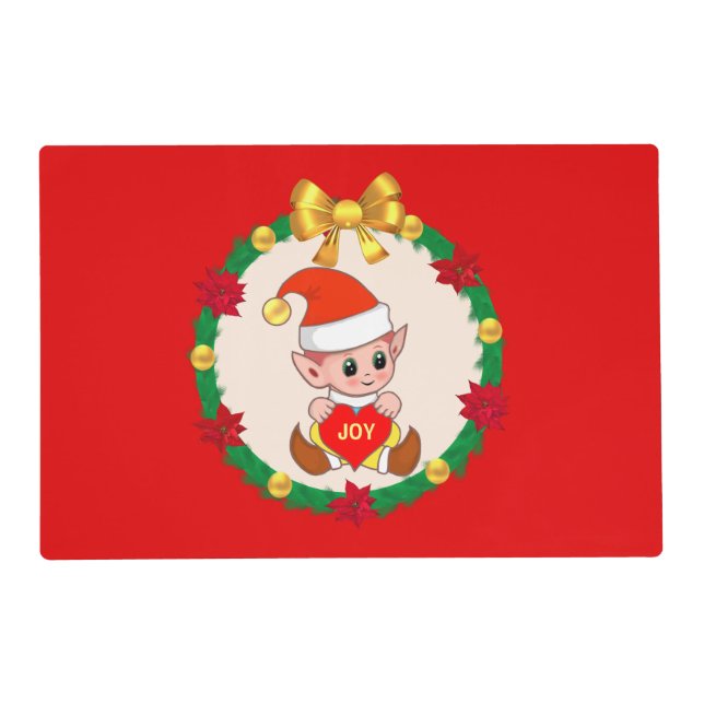 Christmas Elf and Pine Wreath on Red Placemat (Front)