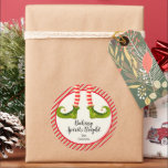 Christmas Elf Baking Spirits Bright Classic Round Sticker<br><div class="desc">Create stickers to label your Christmas holiday homemade goods,  cookies,  candy,  treats,  party favors and more featuring fun elf legs with green boots,  striped tights and jingle bells with your message in chic lettering. MATCHING items in our store.</div>