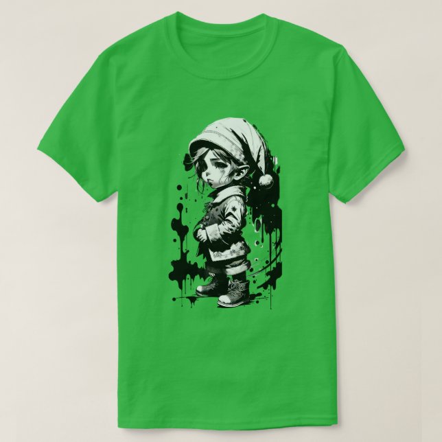 Christmas Elf Black & White Ink Christmas T-Shirt (Design Front)