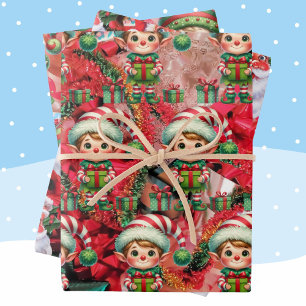 Christmas Elf & Bows & Santa Fun Holiday Wrapping Paper Sheets