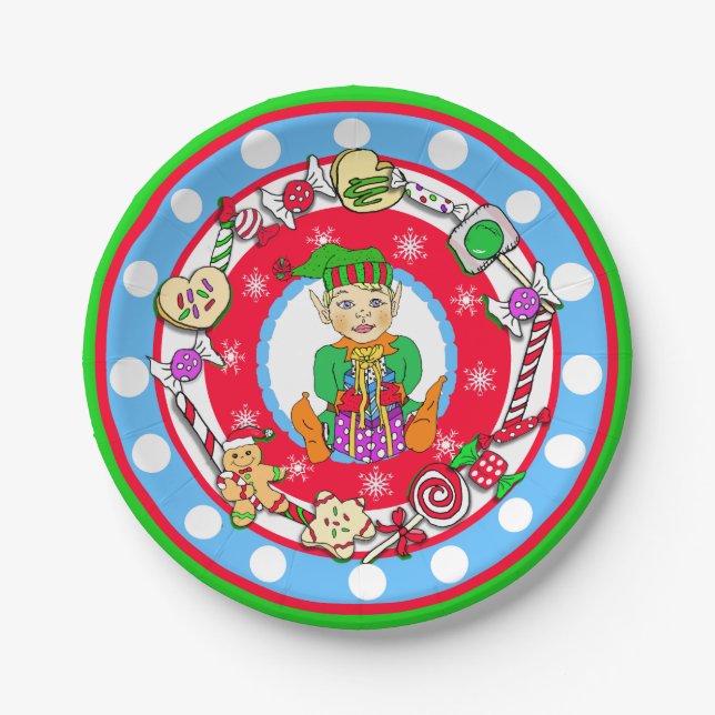 Christmas Elf Boy Whimsical Candy Polka Dot Paper Plates (Front)