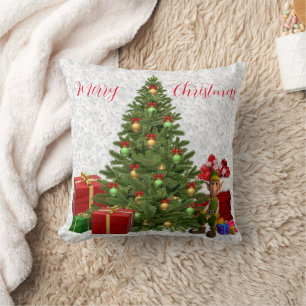 Christmas Elf by Tree with Gifts Throw Pillow