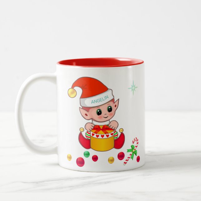 Christmas elf, candy cane & Christmas balls Two-Tone Coffee Mug (Left)