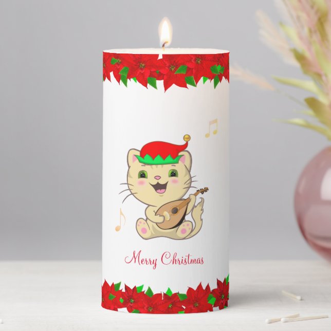 Christmas Elf Cat and Poinsettia Flowers Pillar Candle (In Situ)