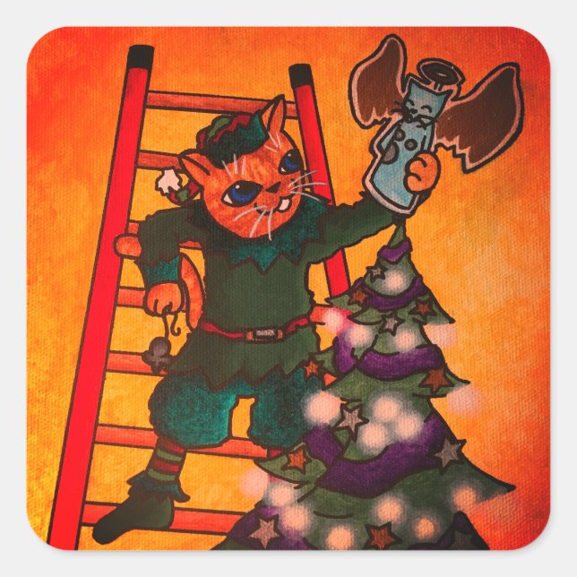Christmas Elf Cat Square Sticker (Front)